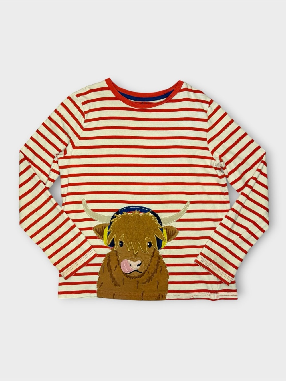 Mini Boden Red & White Striped Highland Cow Applique Long Sleeve Shirt